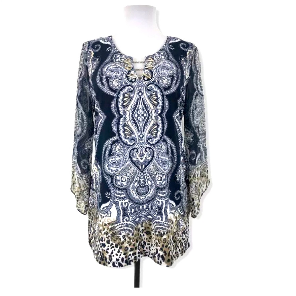 JM Collection Tunic Animal Stretchy Gold V-Neck